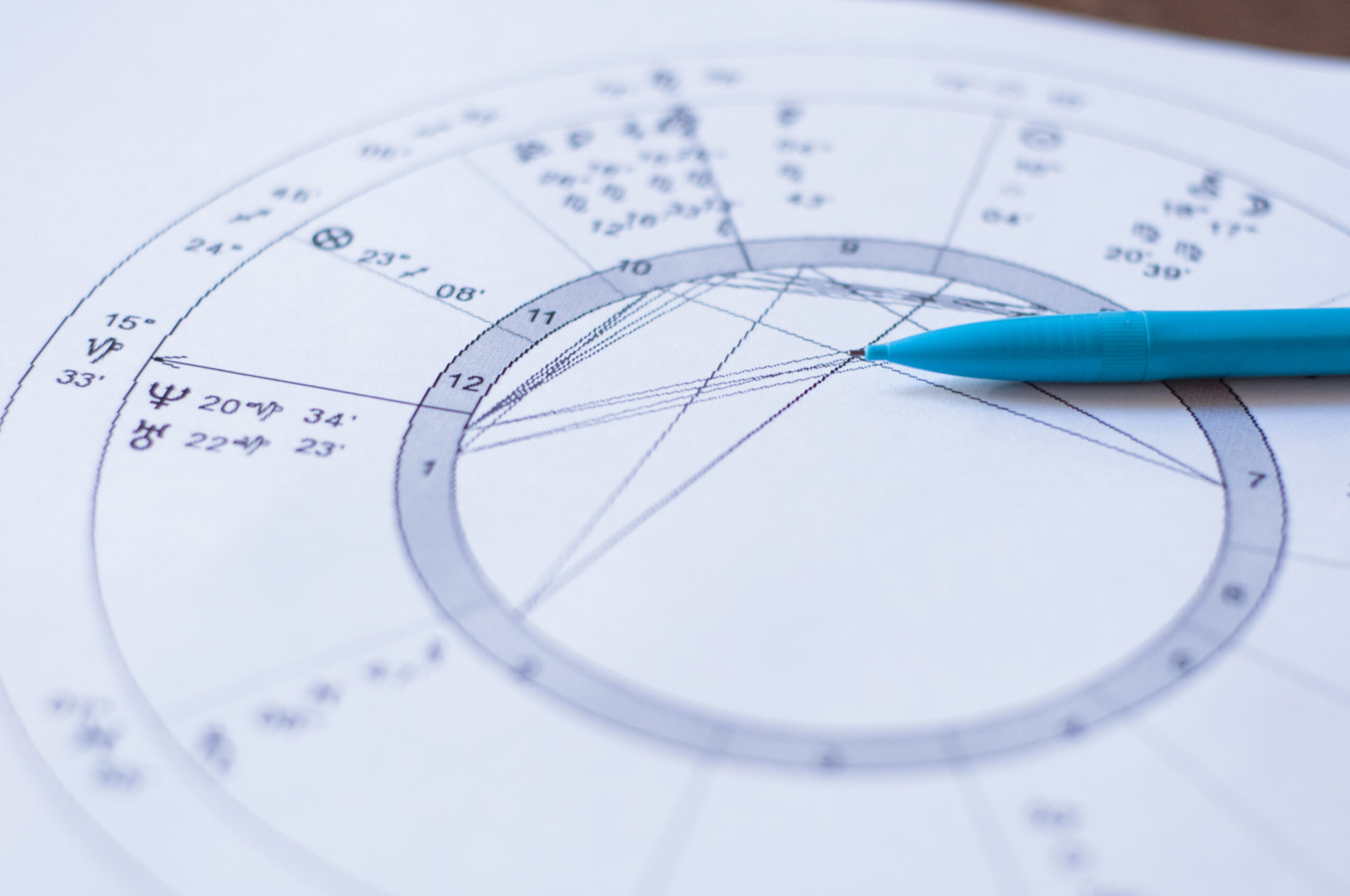 Illustration einer blauen astrologischen Geburtskarte mit den zwölf Natalhäusern und Tierkreiszeichen.